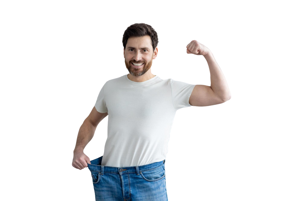 Person celebrating progress during a private weight loss programme Person celebrating progress during a private weight loss programme