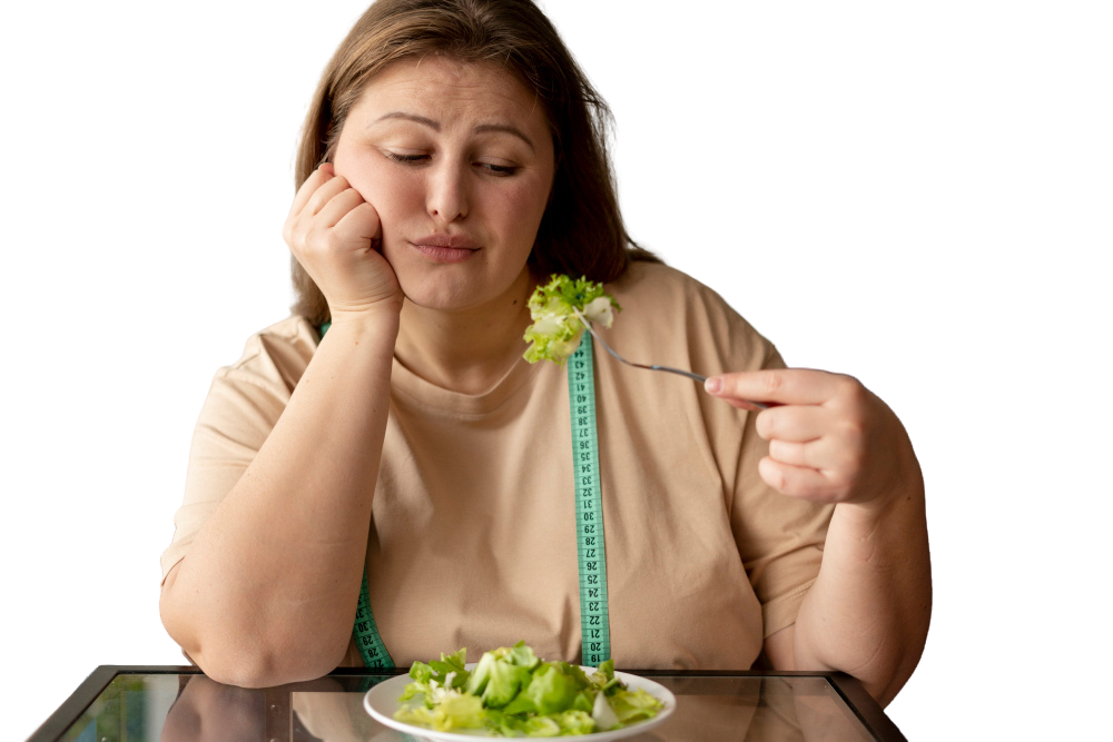 Person considering a healthier meal during weight loss treatment Person considering a healthier meal during weight loss treatment
